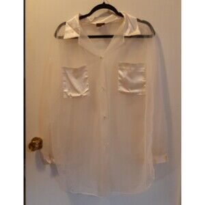 Vtg 1X "Traffic Jam" Sheer off-White Button Up Top Blouse Nitewear Collar Shirt